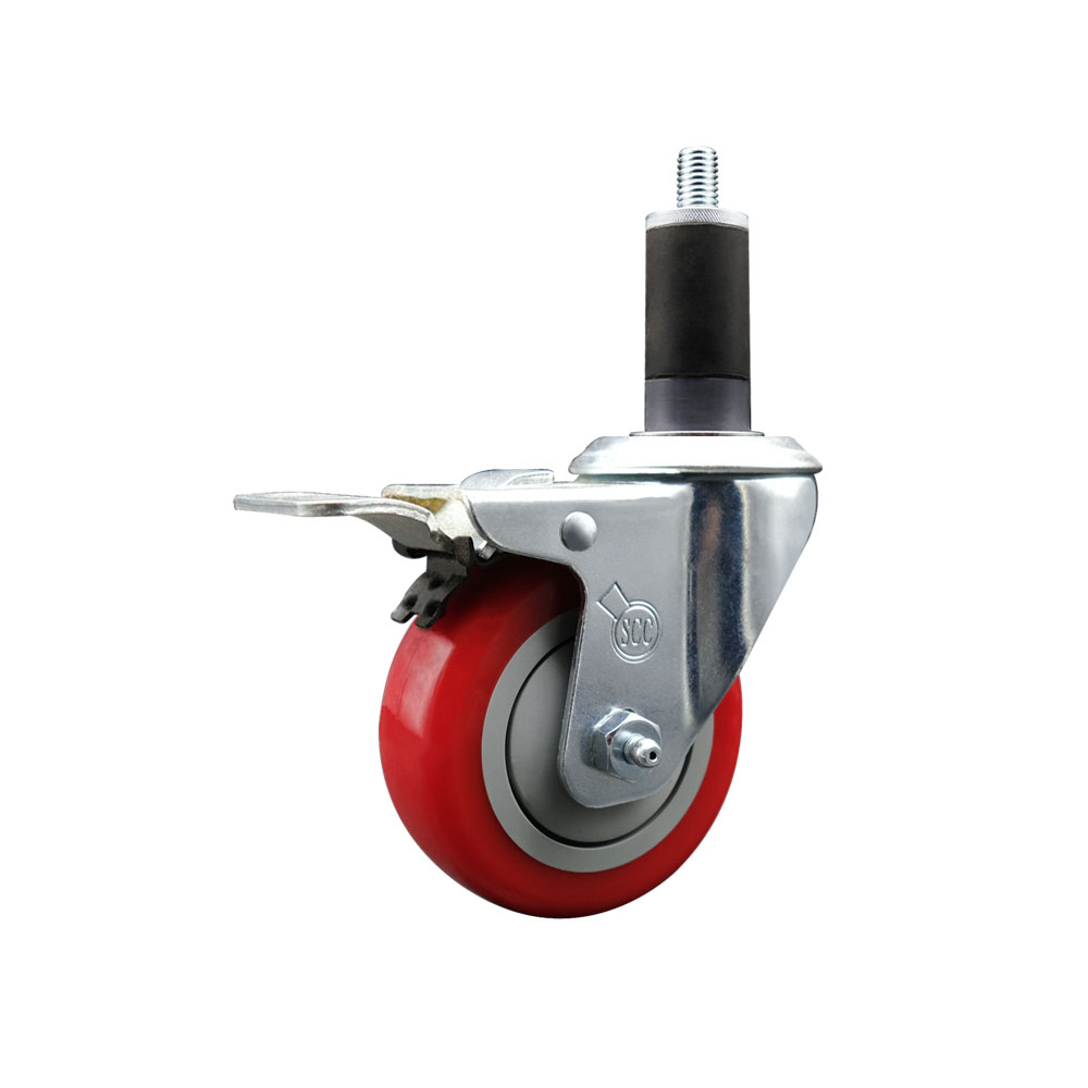 Stainless Steel Polyurethane Expanding Stem Swivel Caster with 3.5 in. Red Wheel & 1.25 in. Stem & Total Locking Brake