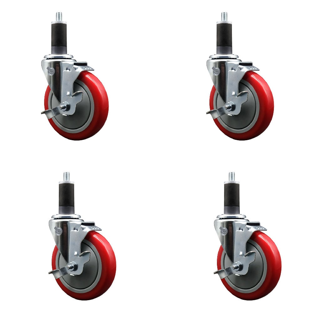 Stainless Steel Polyurethane Swivel Expanding Stem Caster with 5 in. Red Wheels & 1.25 in. Stems 4 Swivel with Top Locking Brakes - Set of 4