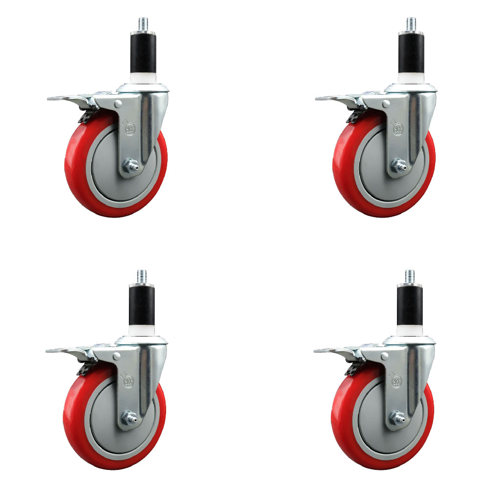 Stainless Steel Polyurethane Swivel Expanding Stem Caster with 5 in. Red Wheels & 1.38 in. Stems 4 Swivel with Total Locking Brakes - Set of 4