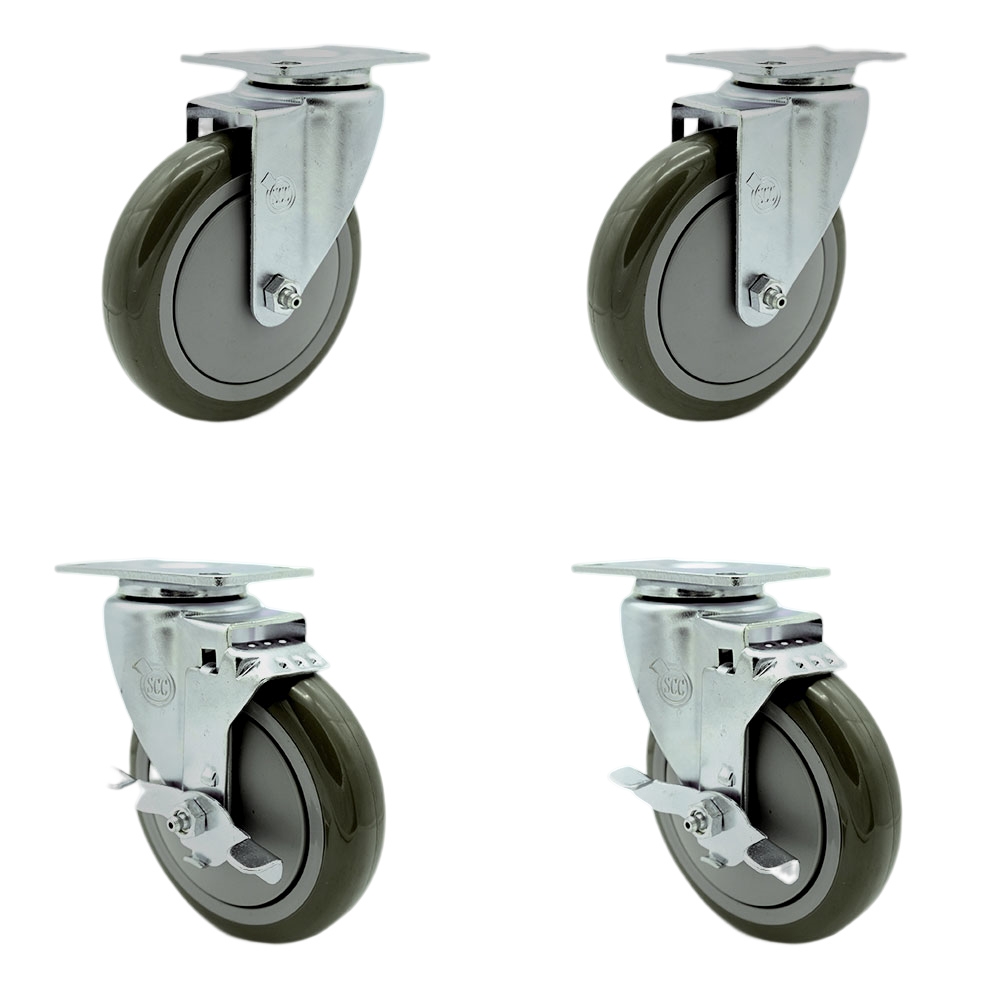SCC-SS20S514-PPUB-2-TLB-2 Stainless Steel Polyurethane Swivel Top Plate Caster with 5 x 1.25 in. Gray Wheels - Set of 4