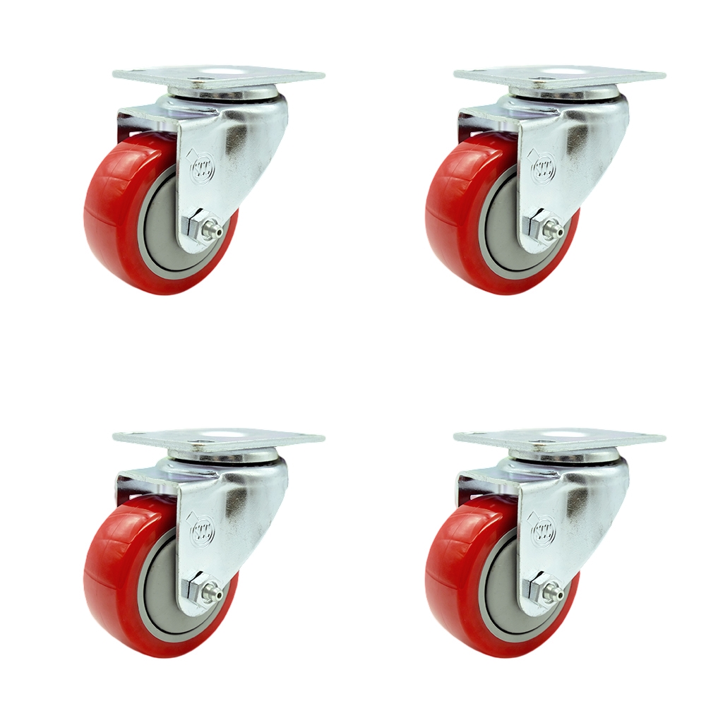 SCC-SS20S314-PPUB-RED-4 Stainless Steel Polyurethane Swivel Top Plate Caster with 3 x 1.25 in. Red Wheels - Set of 4