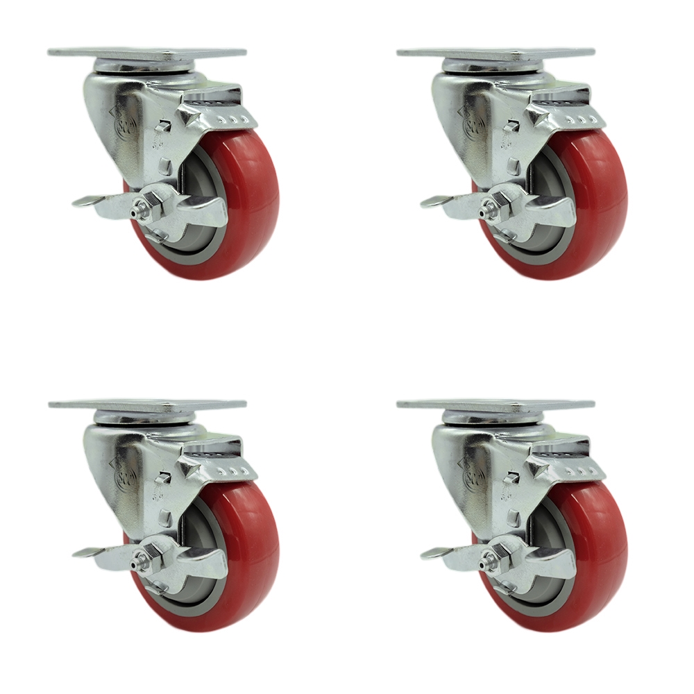SCC-SS20S3514-PPUB-RED-TLB-4 Stainless Steel Polyurethane Swivel Top Plate Caster with 3.5 x 1.25 in. Red Wheels - Set of 4