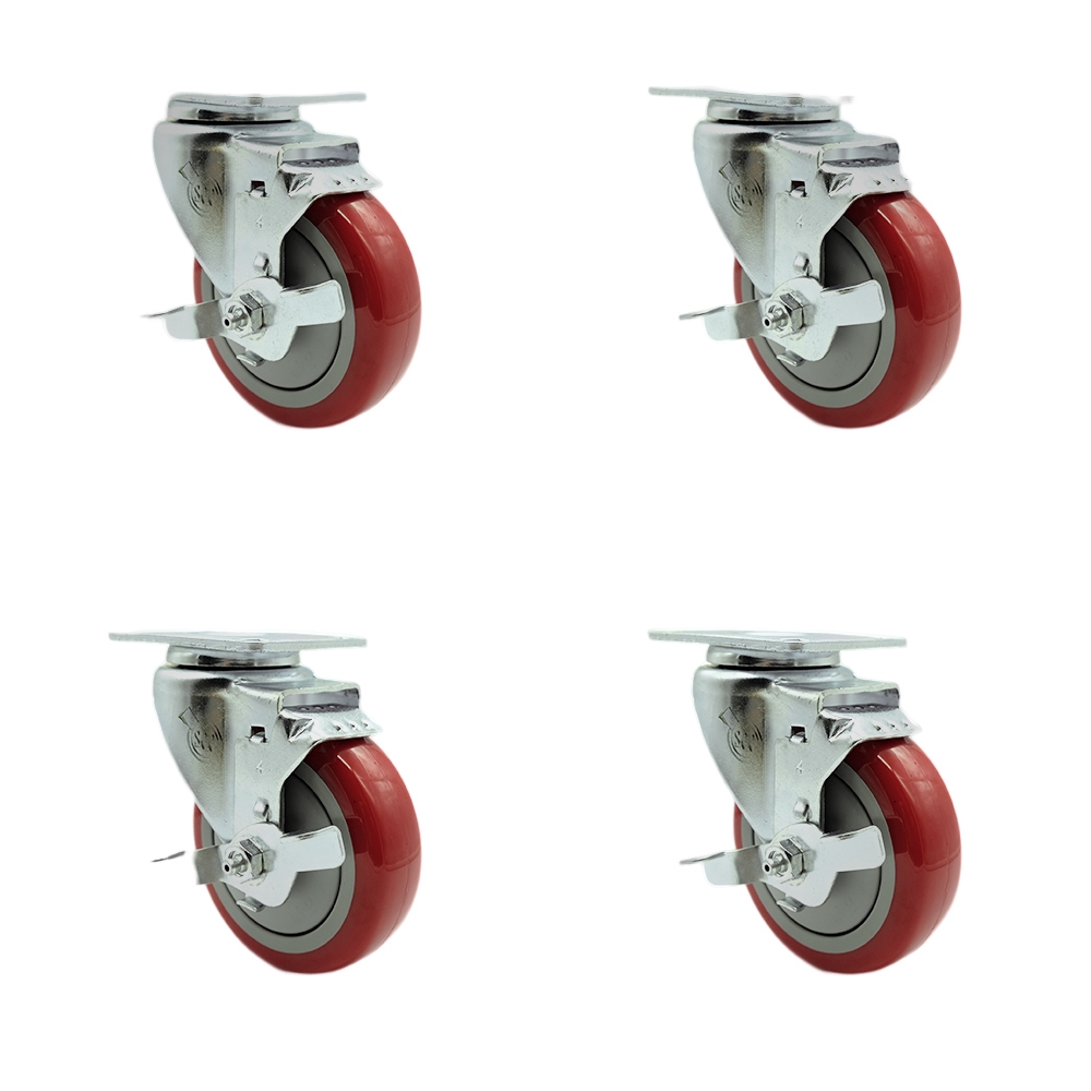 SCC-SS20S414-PPUB-RED-TLB-4 Stainless Steel Polyurethane Swivel Top Plate Caster with 4 x 1.25 in. Red Wheels - Set of 4