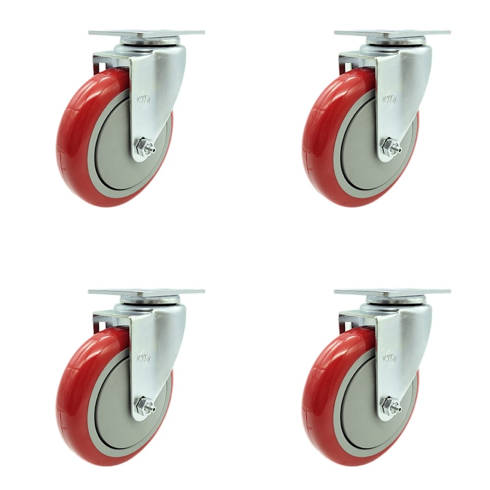 SCC-SS20S514-PPUB-RED-4 Stainless Steel Polyurethane Swivel Top Plate Caster with 5 x 1.25 in. Red Wheels - Set of 4