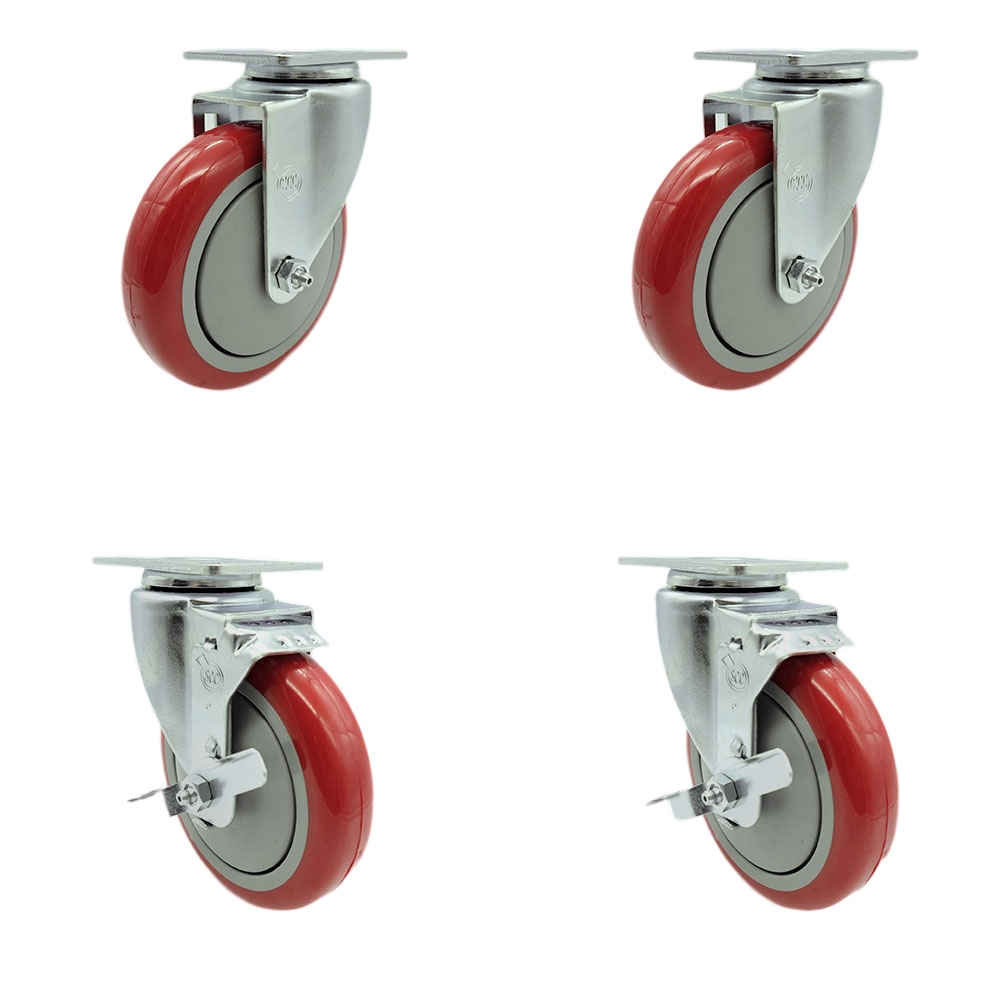 SCC-SS20S514-PPUB-RED-2-TLB-2 Stainless Steel Polyurethane Swivel Top Plate Caster with 5 x 1.25 in. Red Wheels - Set of 4