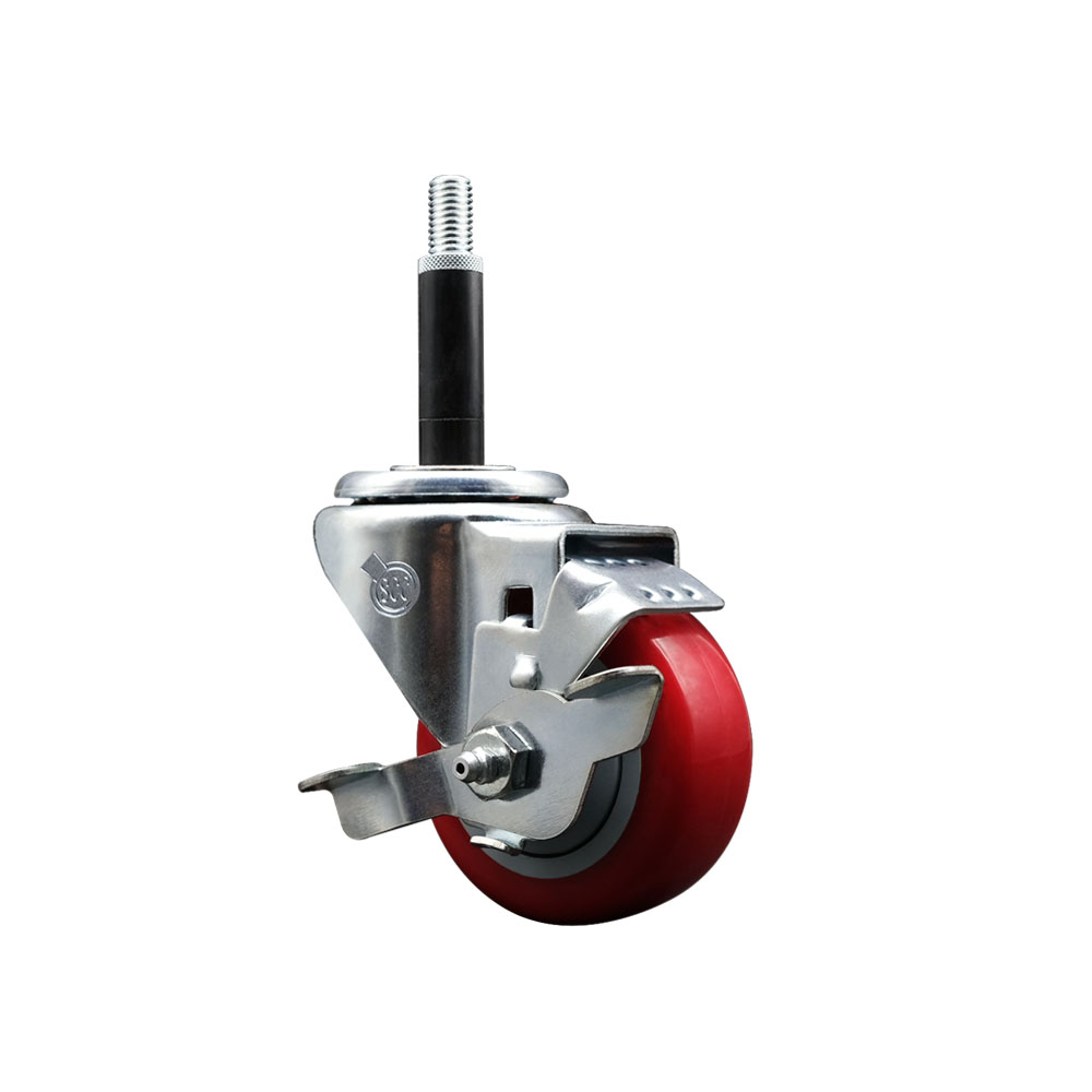 SCC-EX20S314-PPUB-RED-TLB-34 Polyurethane Expanding Stem Swivel Caster with 3 in. Red Wheel & 0.75 in. Stem & Top Locking Brake