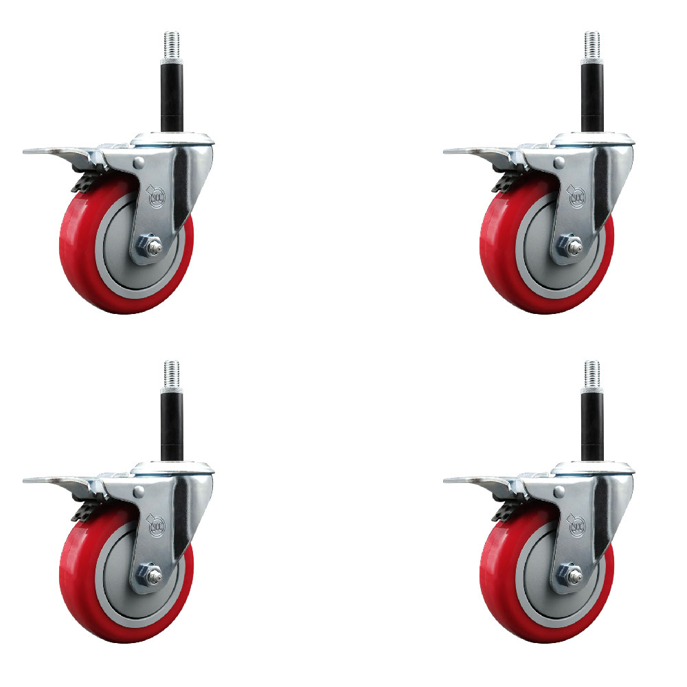Stainless Steel Polyurethane Swivel Expanding Stem Caster with 4 in. Red Wheels & 0.75 in. Stems 4 Swivel with Total Locking Brakes - Set of 4