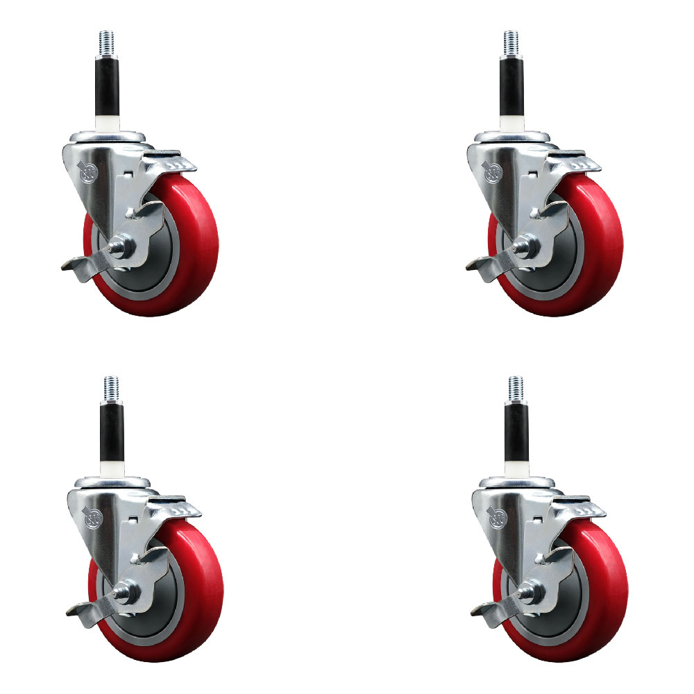Stainless Steel Polyurethane Swivel Expanding Stem Caster with 4 in. Red Wheels & 0.87 in. Stems 4 Swivel with Top Locking Brakes - Set of 4