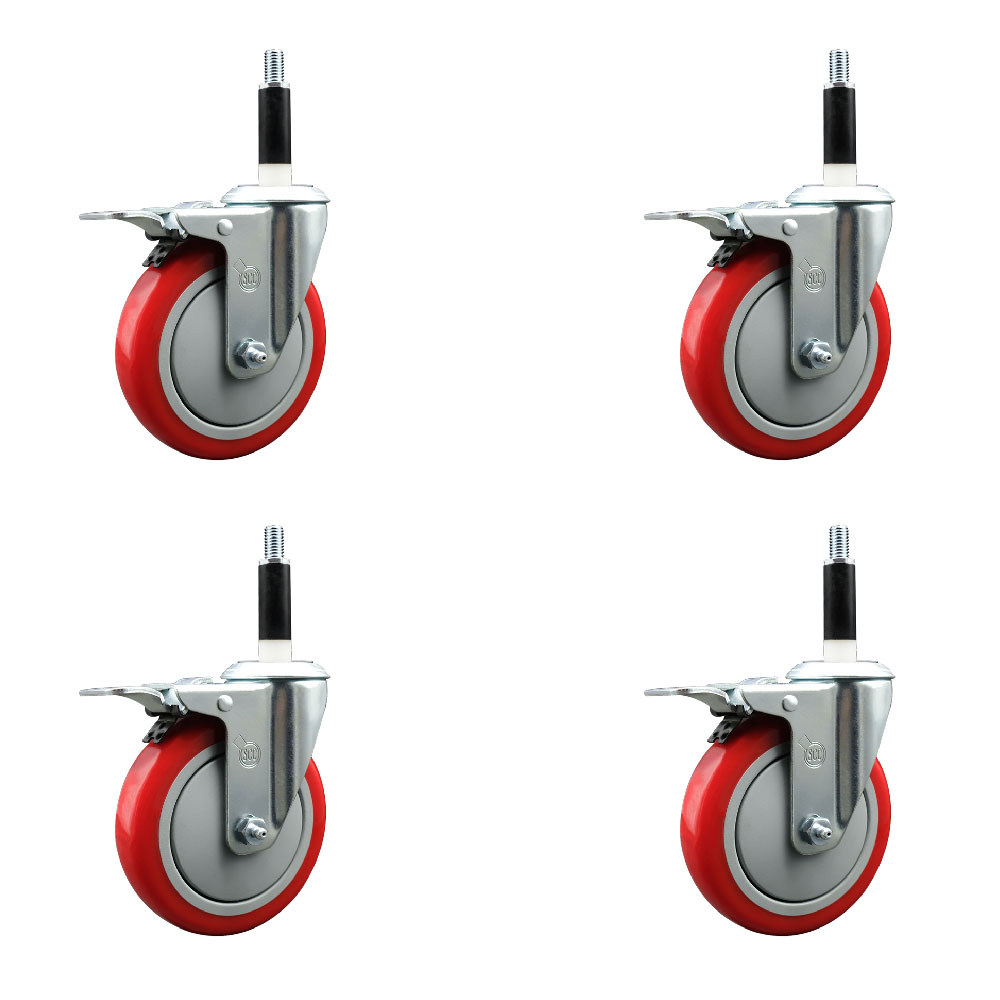 Stainless Steel Polyurethane Swivel Expanding Stem Caster with 5 in. Red Wheels & 0.87 in. Stems 4 Swivel with Total Locking Brakes - Set of 4
