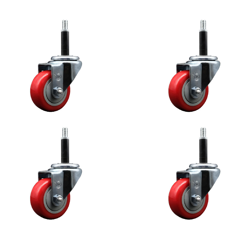 SCC-EX20S314-PPUB-RED-34-4 Polyurethane Swivel Expanding Stem Caster with 3 in. Red Wheels & 0.75 in. Stems - Set of 4