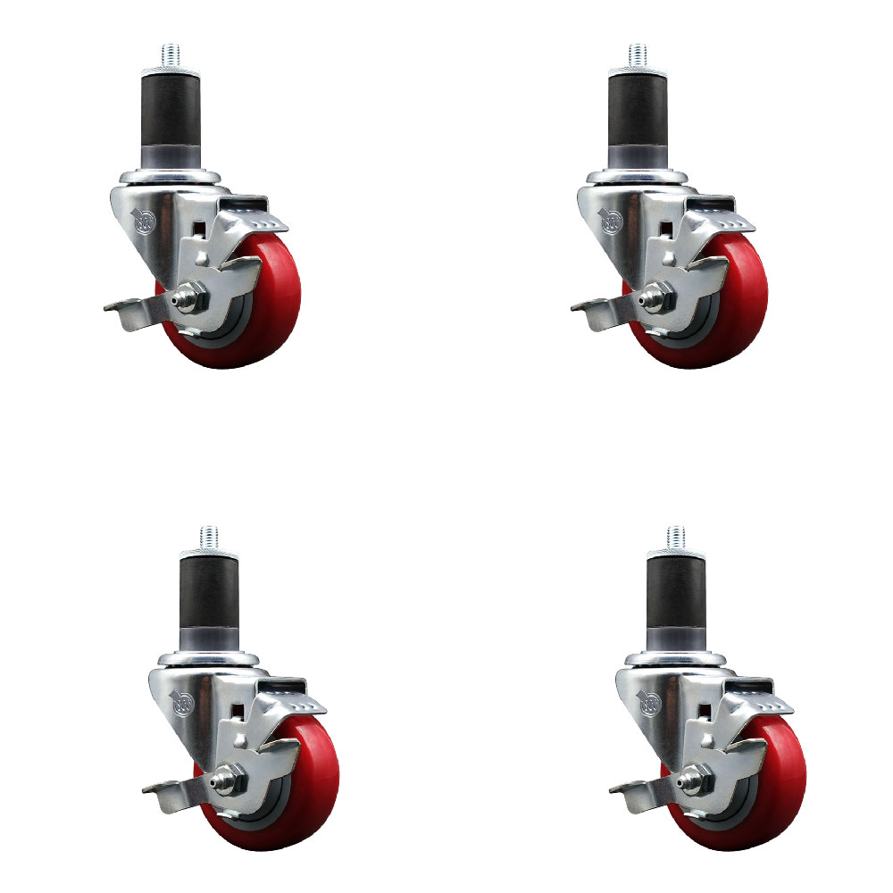 SCC-EX20S314-PPUB-RED-TLB-158-4 Polyurethane Swivel Expanding Stem Caster with 3 in. Red Wheels & 1.63 in. Stems - Set of 4