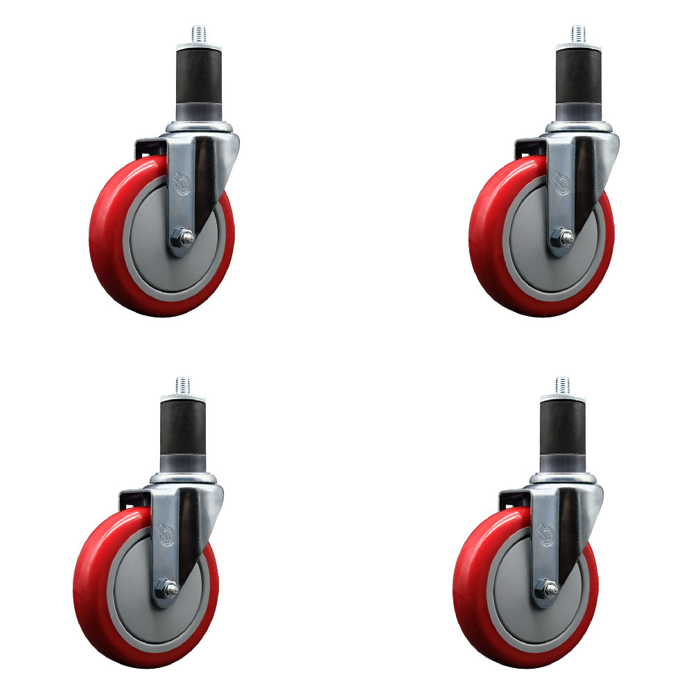 SCC-EX20S514-PPUB-RED-158-4 Polyurethane Swivel Expanding Stem Caster with 5 in. Red Wheels & 1.63 in. Stems - Set of 4