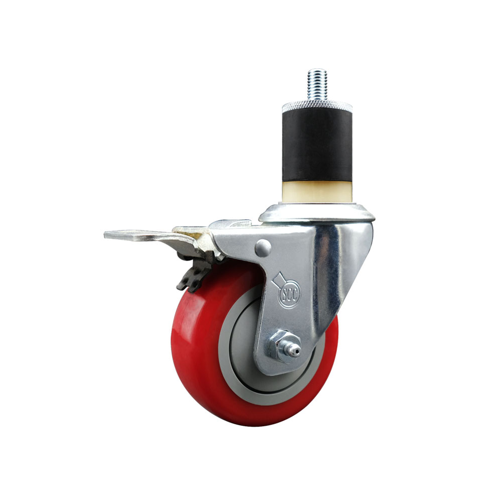 Stainless Steel Polyurethane Expanding Stem Swivel Caster with 3.5 in. Red Wheel & 1.87 in. Stem & Total Locking Brake