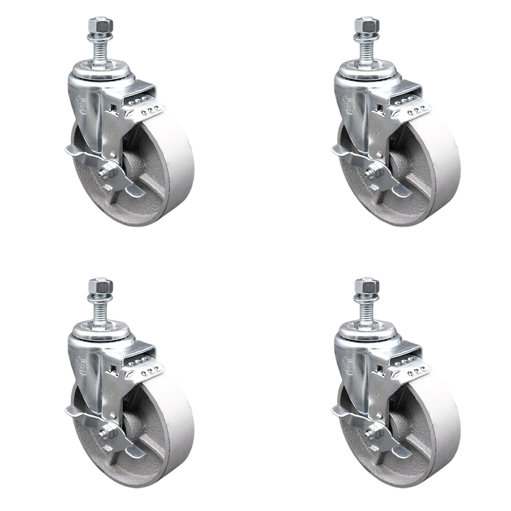 Semi Steel Cast Iron Swivel Threaded Stem Caster with Roller Bearing, 5 x 1.5 in. Silver Wheels & 12 mm Stems - Set of 4