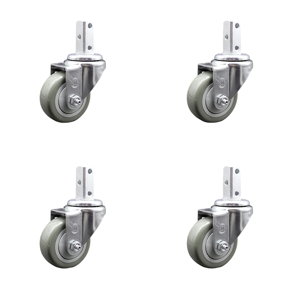 Swivel Square Stem Caster with 3 x 1.25 in. Gray Polyurethane Wheel, 0.87 x 2 in. Square Stem with 3 0.26 in. Diameter Mounting Holes - Set of 4