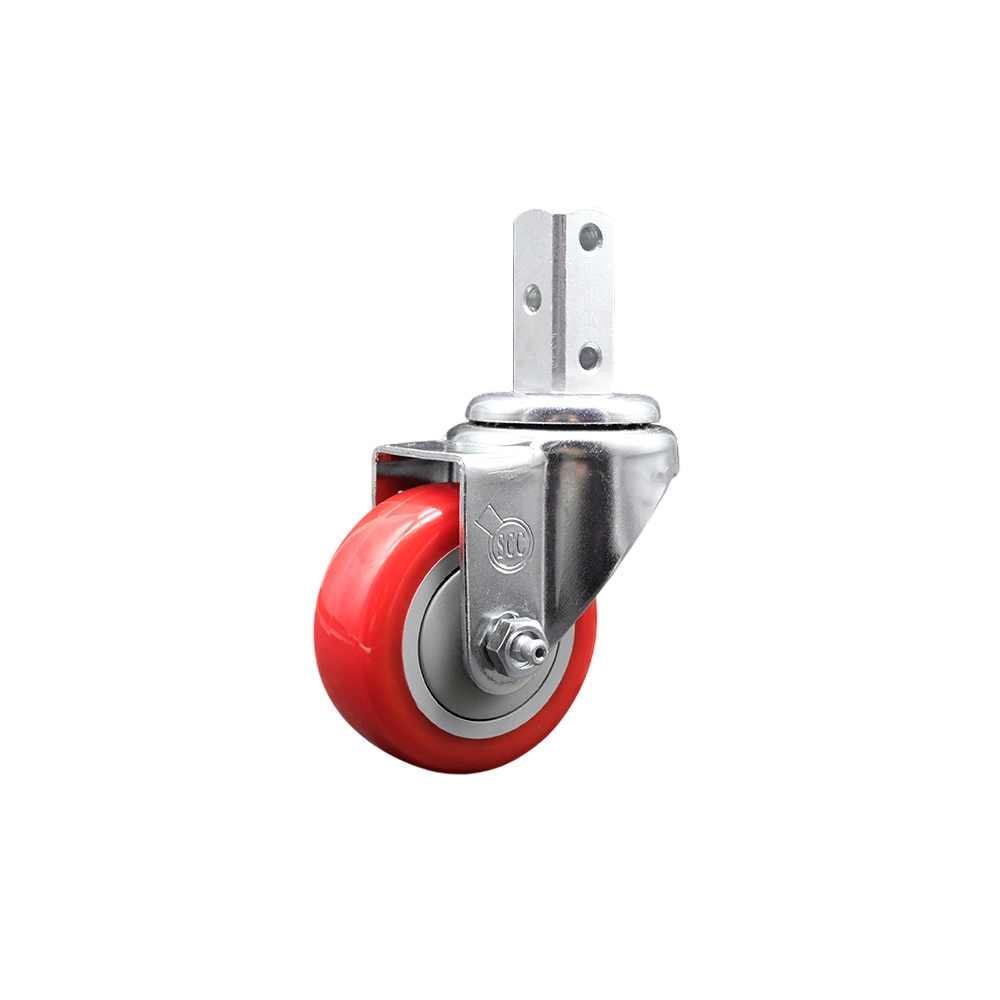 Swivel Square Stem Caster with 3 x 1.25 in. Red Non-Marking Polyurethane Wheel, 0.75 x 2 in. Square Stem with 3 0.26 in. Diameter Mounting Holes
