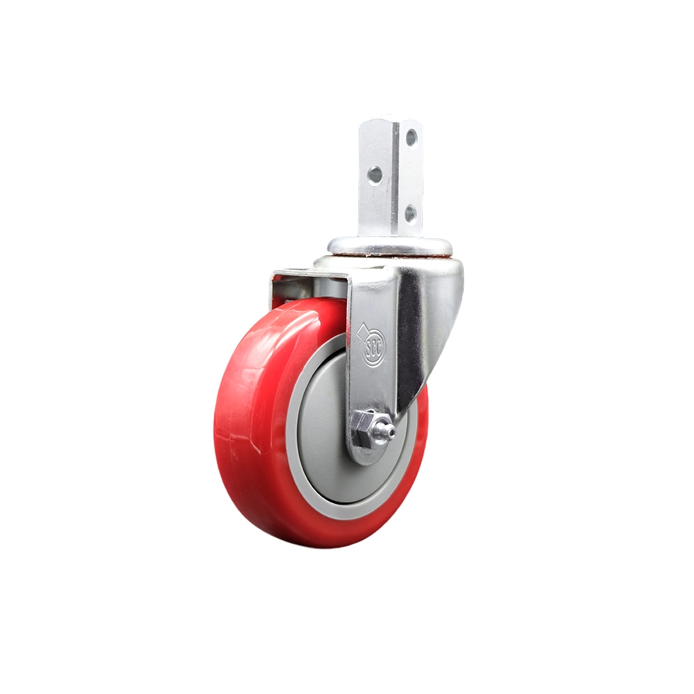 Swivel Square Stem Caster with 4 x 1.25 in. Red Non-Marking Polyurethane Wheel, 0.87 x 2 in. Square Stem with 3 0.26 in. Diameter Mounting Holes