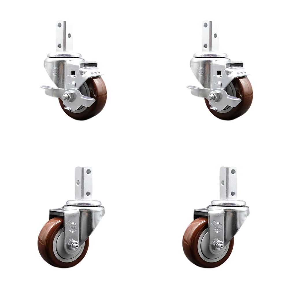 Swivel Square Stem Caster with 3 x 1.25 in. Maroon Poly Wheel, 0.75 x 2 in. Square Stem with 3 0.26 in. Diameter Mounting Holes - Set of 4