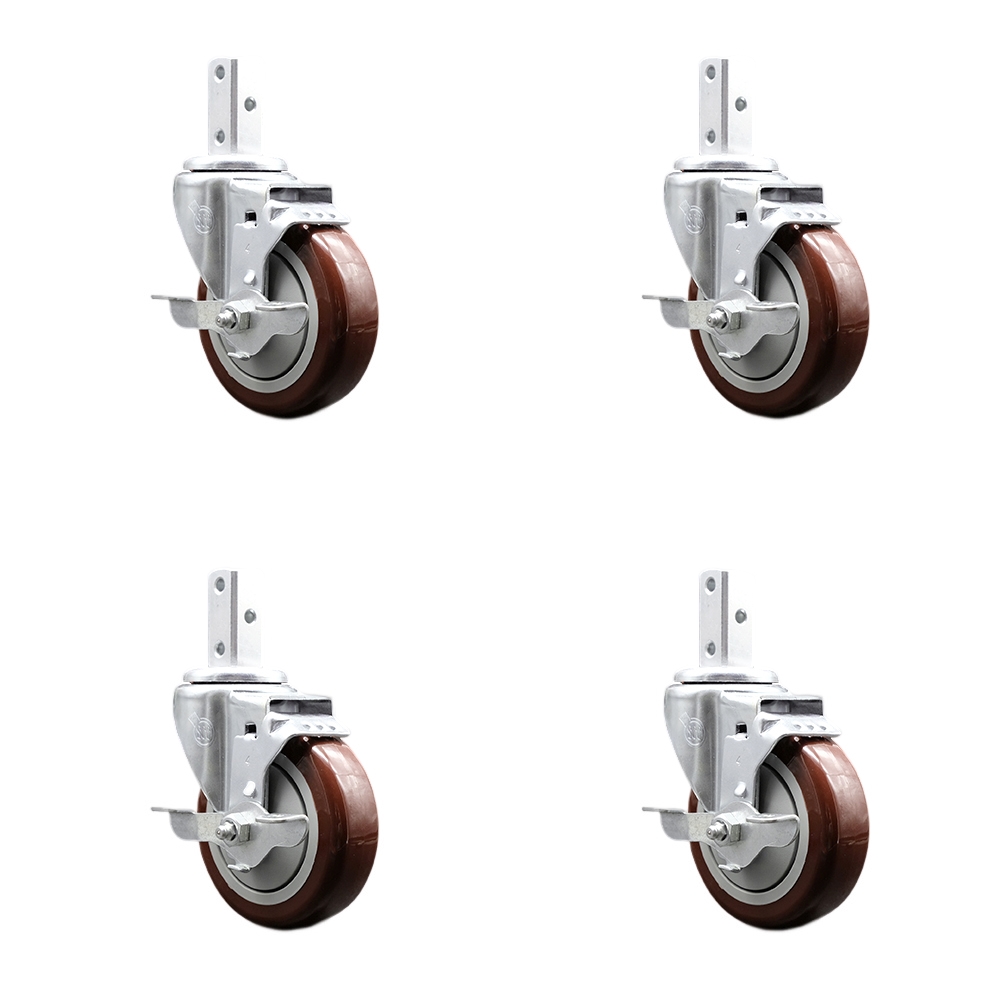 Swivel Square Stem Caster with 4 x 1.25 in. Maroon Poly Wheel, 0.87 x 2 in. Square Stem with 3 0.26 in. Diameter Mounting Holes - Set of 4