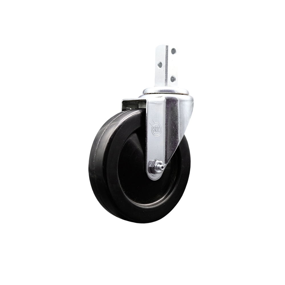 Swivel Square Stem Caster with 5 x 1.25 in. Black Soft Rubber Wheel, 0.75 x 2 in. Square Stem with 3 0.26 in. Diameter Mounting Holes