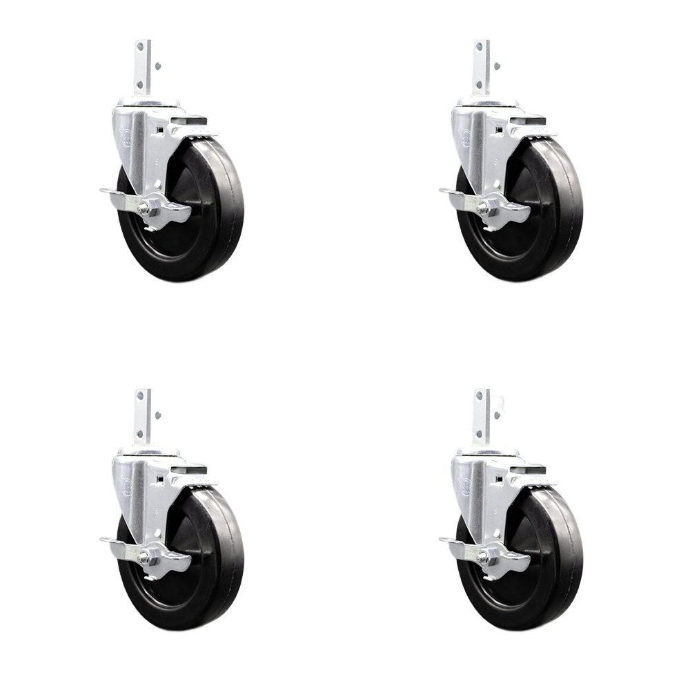 Swivel Square Stem Caster with 5 x 1.25 in. Black Soft Rubber Wheel, 0.87 x 2 in. Square Stem with 3 0.26 in. Diameter Mounting Holes - Set of 4