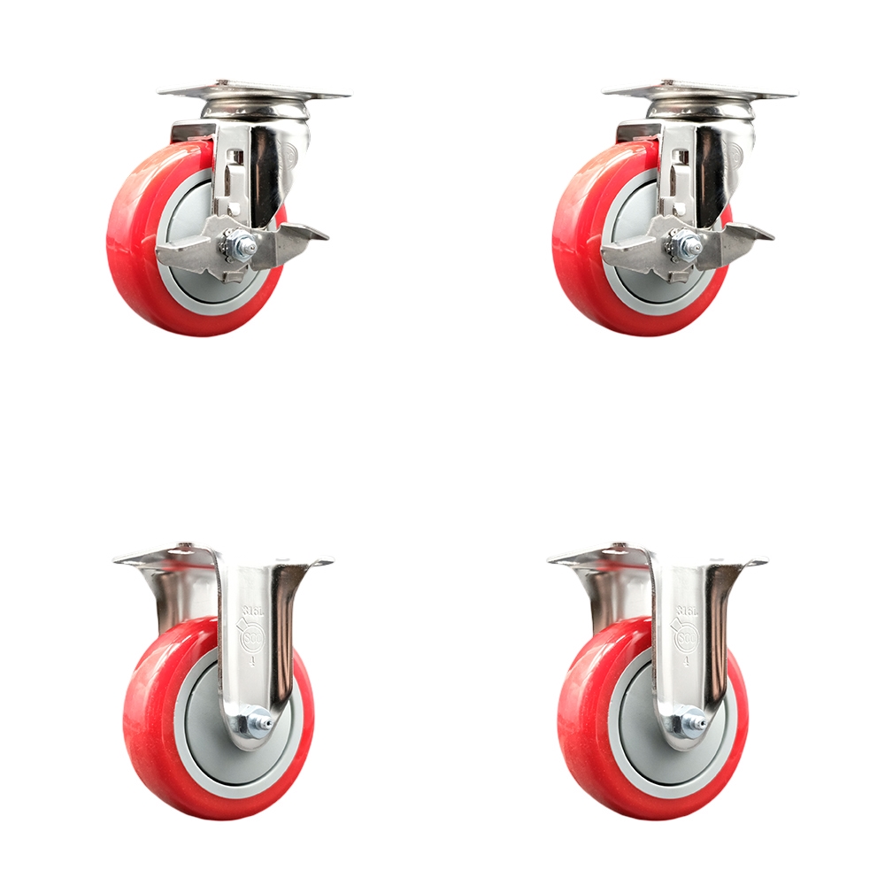 SCC-SS31620S414-PPUB-RED-TLB-2-R-2 Polyurethane Swivel Top Plate Caster with 4 in. 316 Stainless Steel Red Wheels - Set of 4
