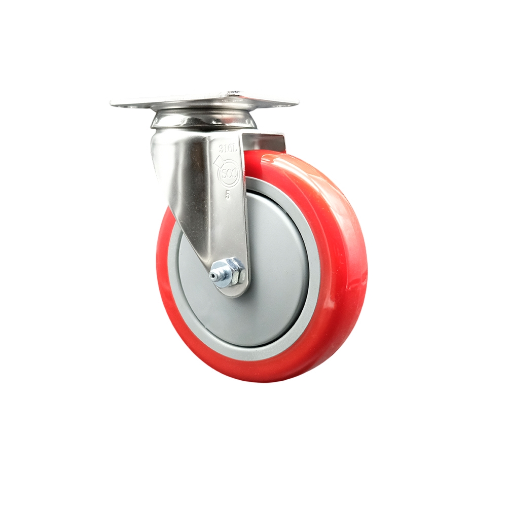 SCC-SS31620S514-PPUB-RED Polyurethane Swivel Top Plate Caster with 5 in. 316 Stainless Steel Red Caster Wheel