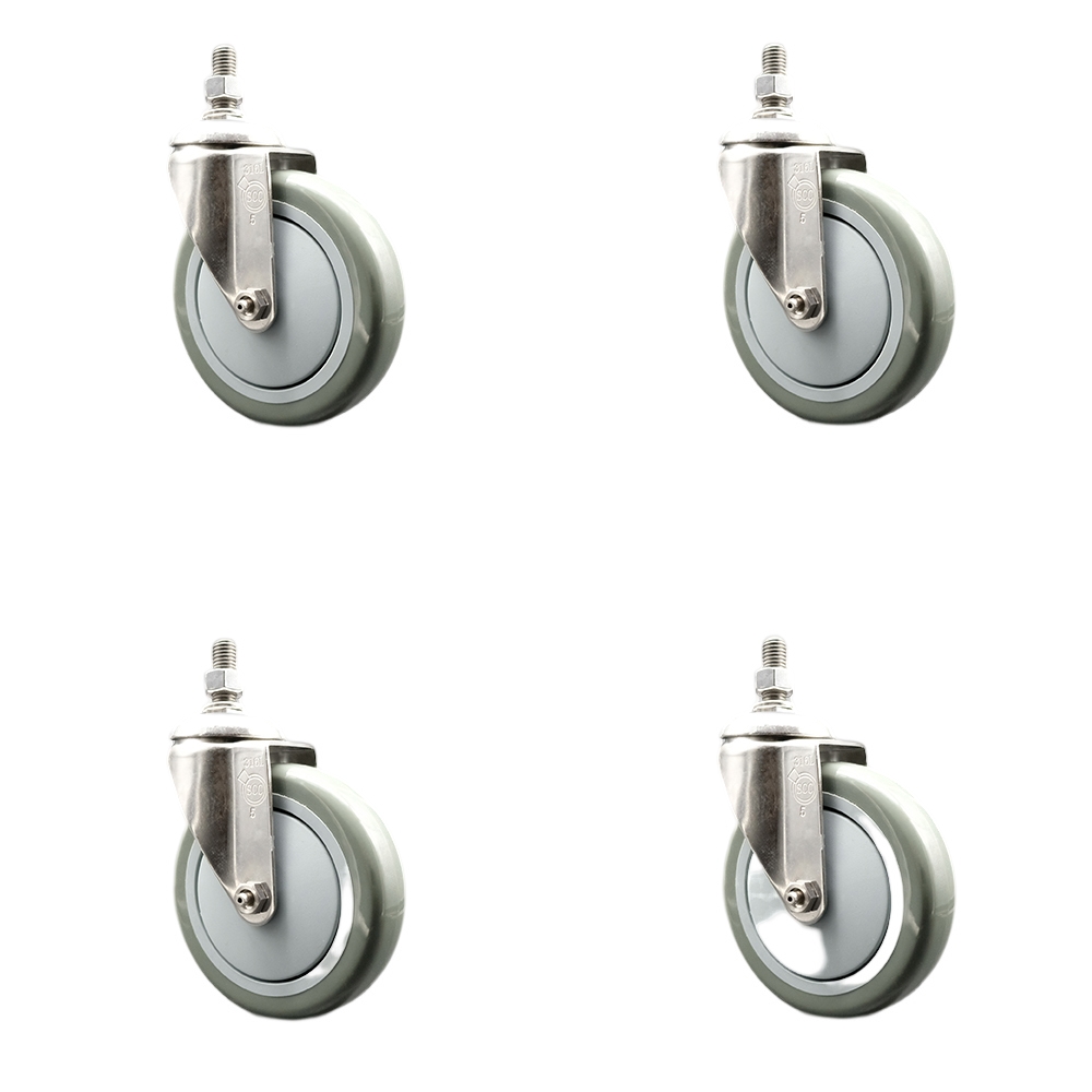 Polyurethane Swivel Stem Caster with 5 in. Gray Caster Wheels, 0.38 in. Threaded Stems - 316 Stainless Steel Casters - Set of 4
