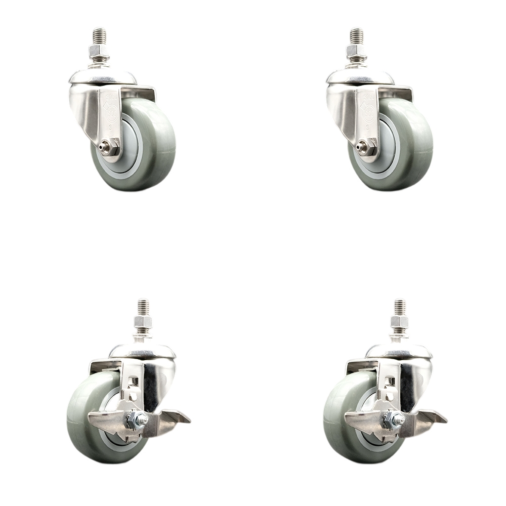 Poly Swivel Stem Caster with 3 in. Gray Caster Wheels, 10 mm Threaded Stems - 316 Stainless Steel Casters - Set of 4