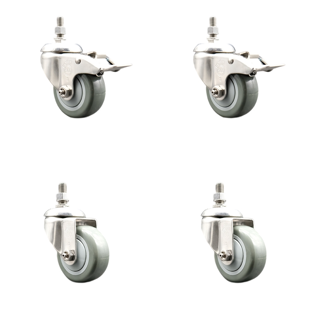 Poly Swivel Stem Caster with 3 in. Gray Caster Wheels, 10 mm Threaded Stems - 316 Stainless Steel Casters - Set of 4