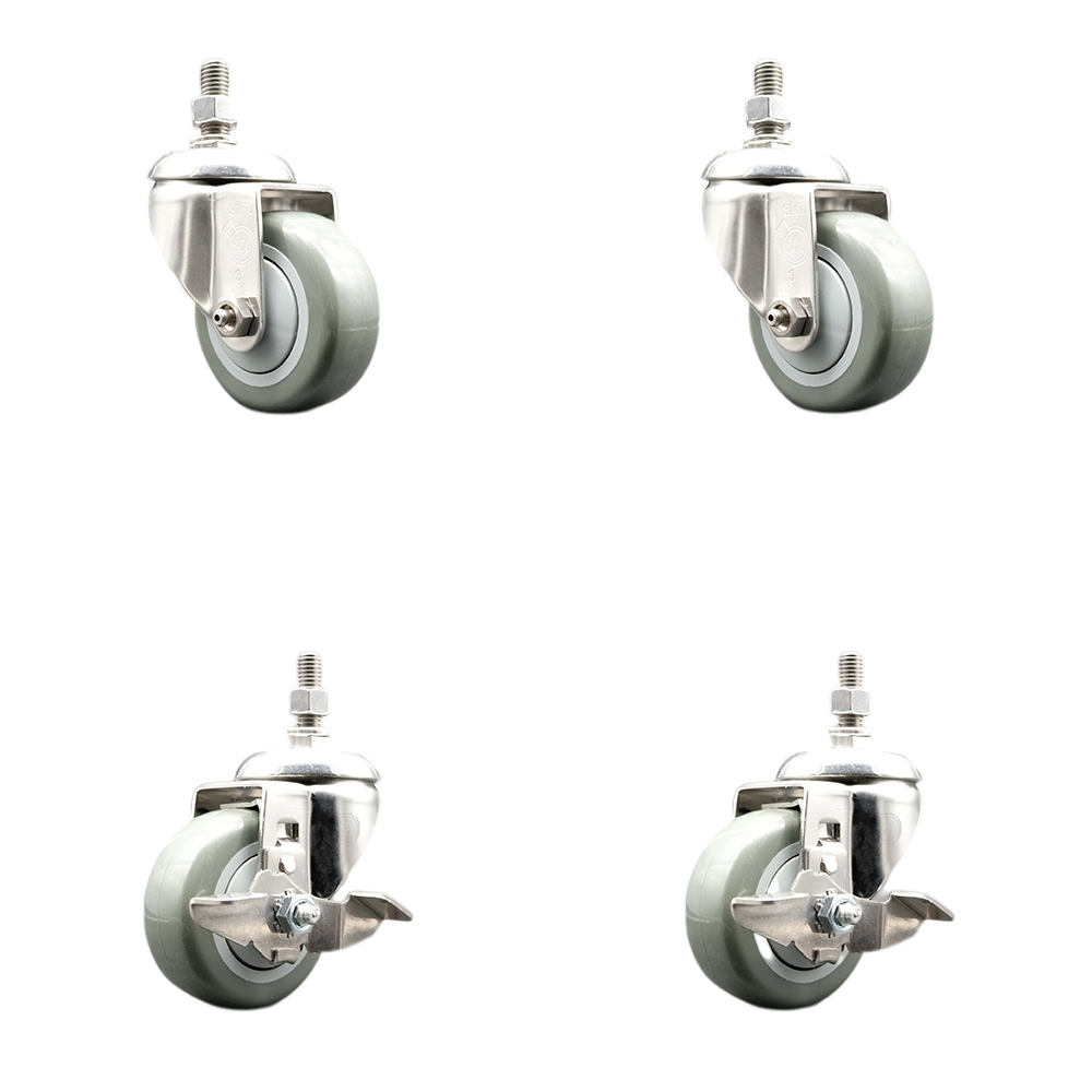 Poly Swivel Stem Caster with 3 in. Gray Caster Wheels, 12 mm Threaded Stems - 316 Stainless Steel Casters - Set of 4
