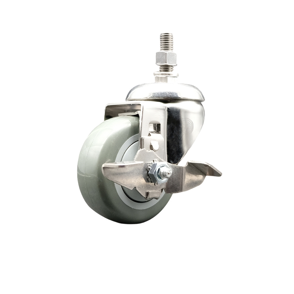 Polyurethane Swivel Stem Caster with 3.5 in. Gray Caster Wheels & Top Lock Brake, 12 mm Threaded Stem - 316 Stainless Steel Caster