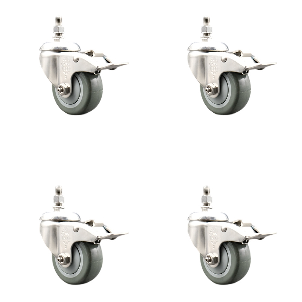 Polyurethane Swivel Stem Caster with 3.5 in. Gray Caster Wheels, 12 mm Threaded Stems - 316 Stainless Steel Casters - Set of 4