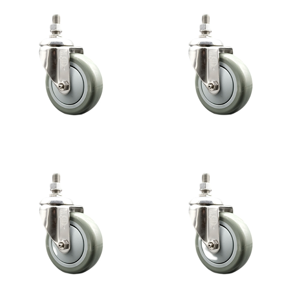 Polyurethane Swivel Stem Caster with 4 in. Gray Caster Wheels, 12 mm Threaded Stems - 316 Stainless Steel Casters - Set of 4