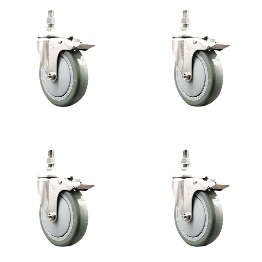 Polyurethane Swivel Stem Caster with 5 in. Gray Caster Wheels, 12 mm Threaded Stems - 316 Stainless Steel Casters - Set of 4