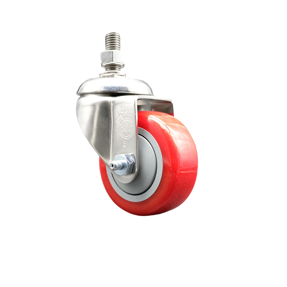 Polyurethane Swivel Stem Caster with 3.5 in. Red Caster Wheels, 0.5 in. Threaded Stem - 316 Stainless Steel Caster