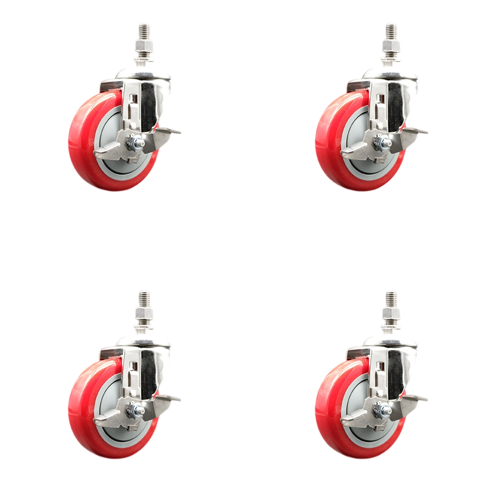 Polyurethane Swivel Stem Caster with 4 in. Red Caster Wheels, 0.5 in. Threaded Stems - 316 Stainless Steel Casters - Set of 4
