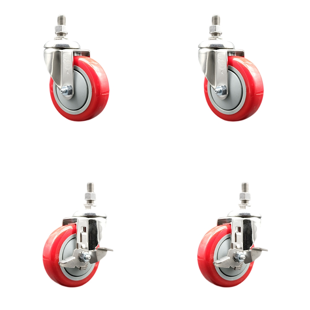 Poly Swivel Stem Caster with 4 in. Red Caster Wheels, 0.5 in. Threaded Stems - 316 Stainless Steel Casters - Set of 4