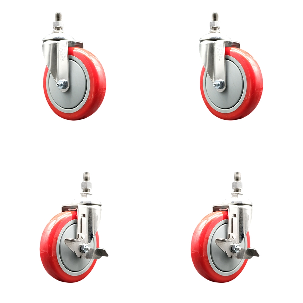 Poly Swivel Stem Caster with 5 in. Red Caster Wheels, 0.5 in. Threaded Stems - 316 Stainless Steel Casters - Set of 4