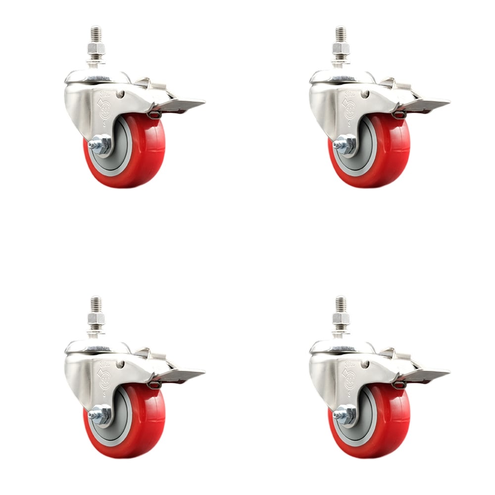 Polyurethane Swivel Stem Caster with 3 in. Red Caster Wheels, 0.38 in. Threaded Stems - 316 Stainless Steel Casters - Set of 4