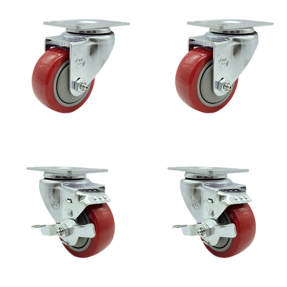 SCC-20S314-PPUB-RED-2-TLB-2 Polyurethane Swivel Top Plate Caster with 3 in. Red Wheels - Set of 4