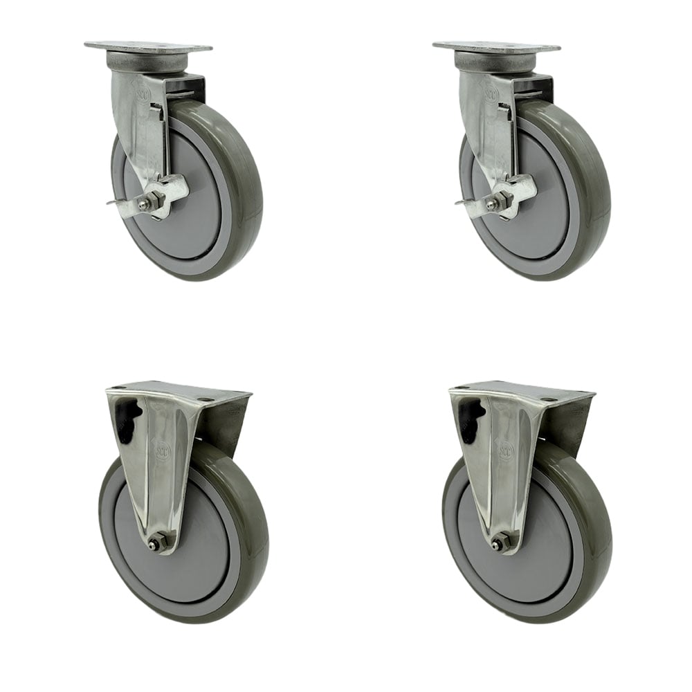 SCC-SS20S614-PPUB-TLB-2-R614-2 Stainless Steel Polyurethane Swivel Top Plate Caster with 6 x 1.26 in. Gray Wheels - Set of 4