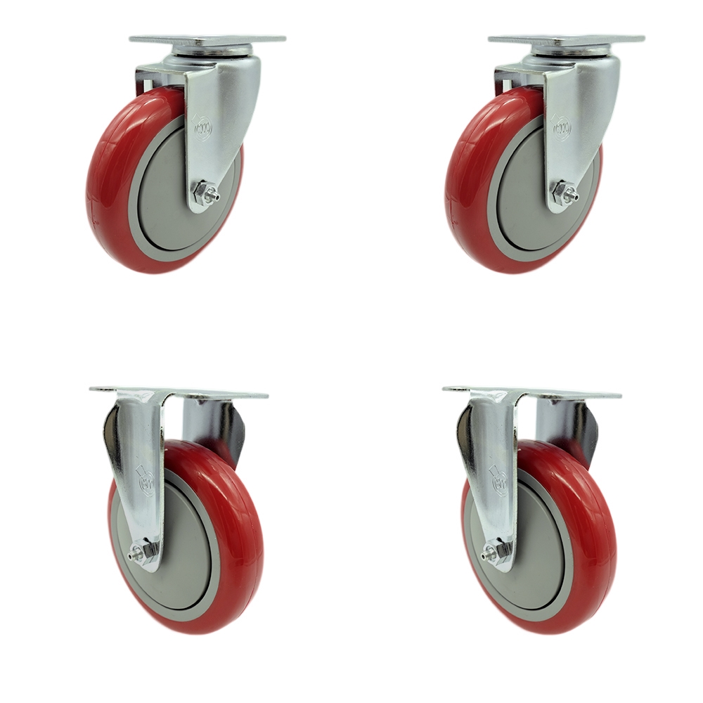 SCC-SS20S514-PPUB-RED-2-R514-2 Stainless Steel Polyurethane Swivel Top Plate Caster with 5 x 1.25 in. Red Wheels - Set of 4