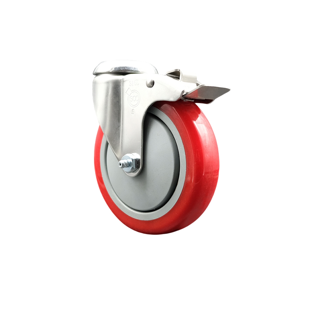 SCC-SS316BHTTL20S514-PPUB-RED Polyurethane Swivel Bolt Hole Caster with 5 in. Red Caster Wheel & Total Lock Brake - 316 Stainless Steel Caster