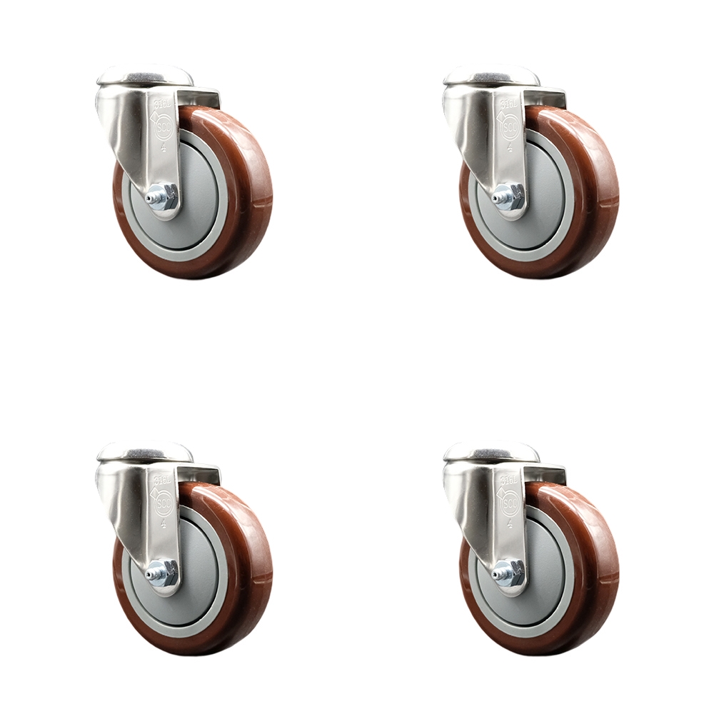 SCC-SS316BH20S414-PPUB-MRN-4 Polyurethane Swivel Bolt Hole Caster with 4 in. Maroon Caster Wheels - 316 Stainless Steel Casters - Set of 4