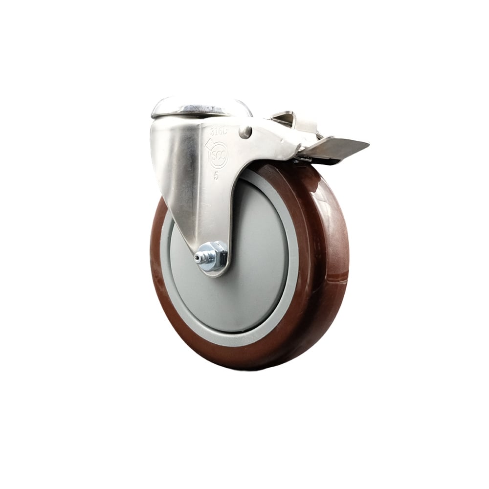SCC-SS316BHTTL20S514-PPUB-MRN Polyurethane Swivel Bolt Hole Caster with 5 in. Maroon Caster Wheel & Total Lock Brake - 316 Stainless Steel Caster