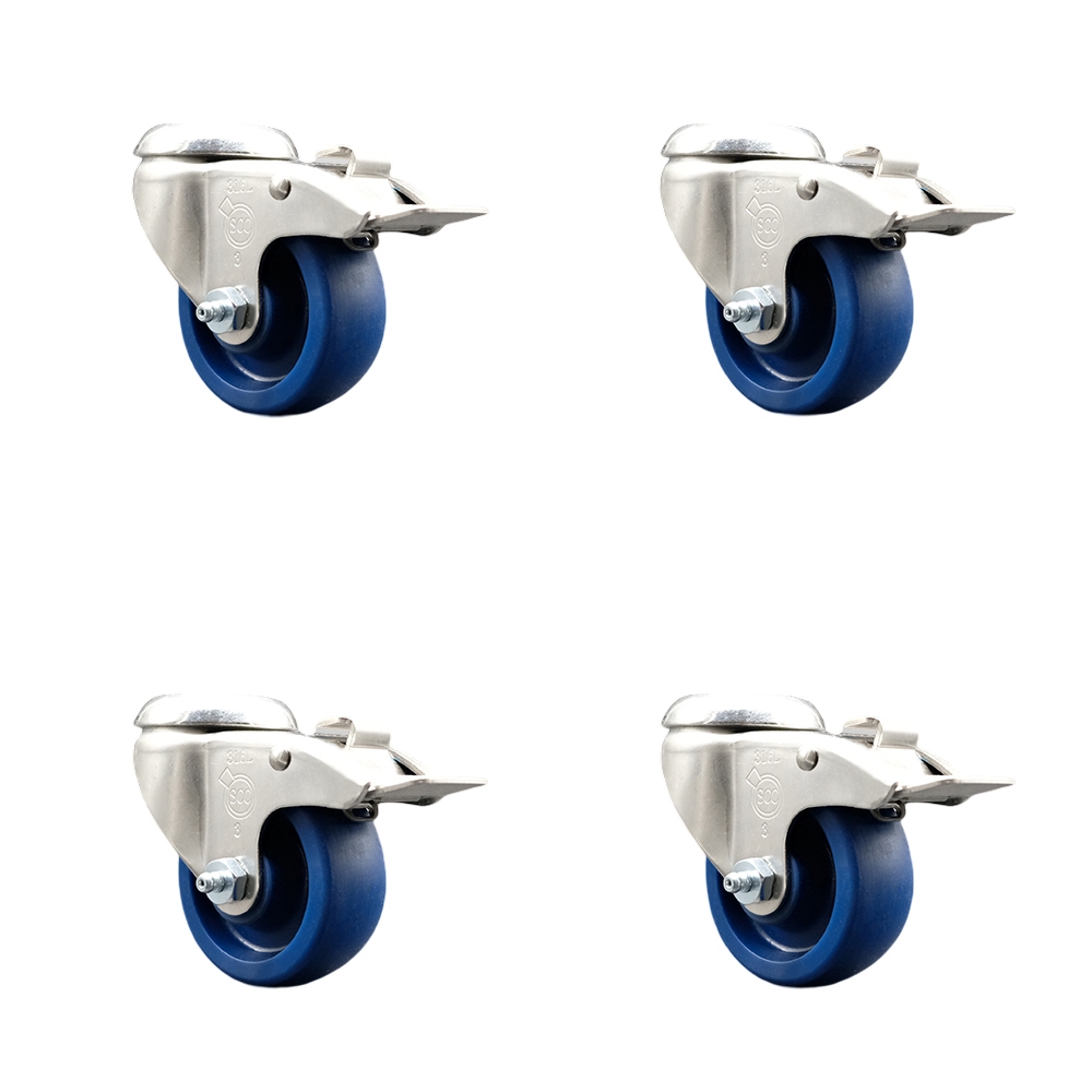 SCC-SS316BHTTL20S3514-SPUS-4 Solid Poly Swivel Bolt Hole Caster with 3.5 in. Blue Caster Wheels - 316 Stainless Steel Caster - Set of 4