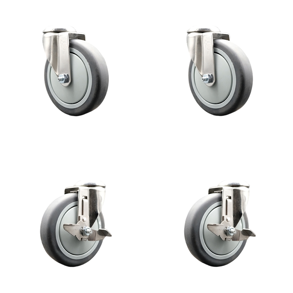 SCC-SS316BH20S514-TPRB-2-TLB-2 Thermoplastic Rubber Swivel Bolt Hole Caster with 5 in. Gray Caster Wheels - 316 Stainless Steel Casters - Set of 4