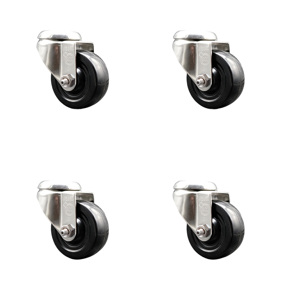 SCC-SS316BH20S314-SRS-4 Soft Rubber Swivel Bolt Hole Caster with 3 in. Black Caster Wheels - 316 Stainless Steel Casters - Set of 4