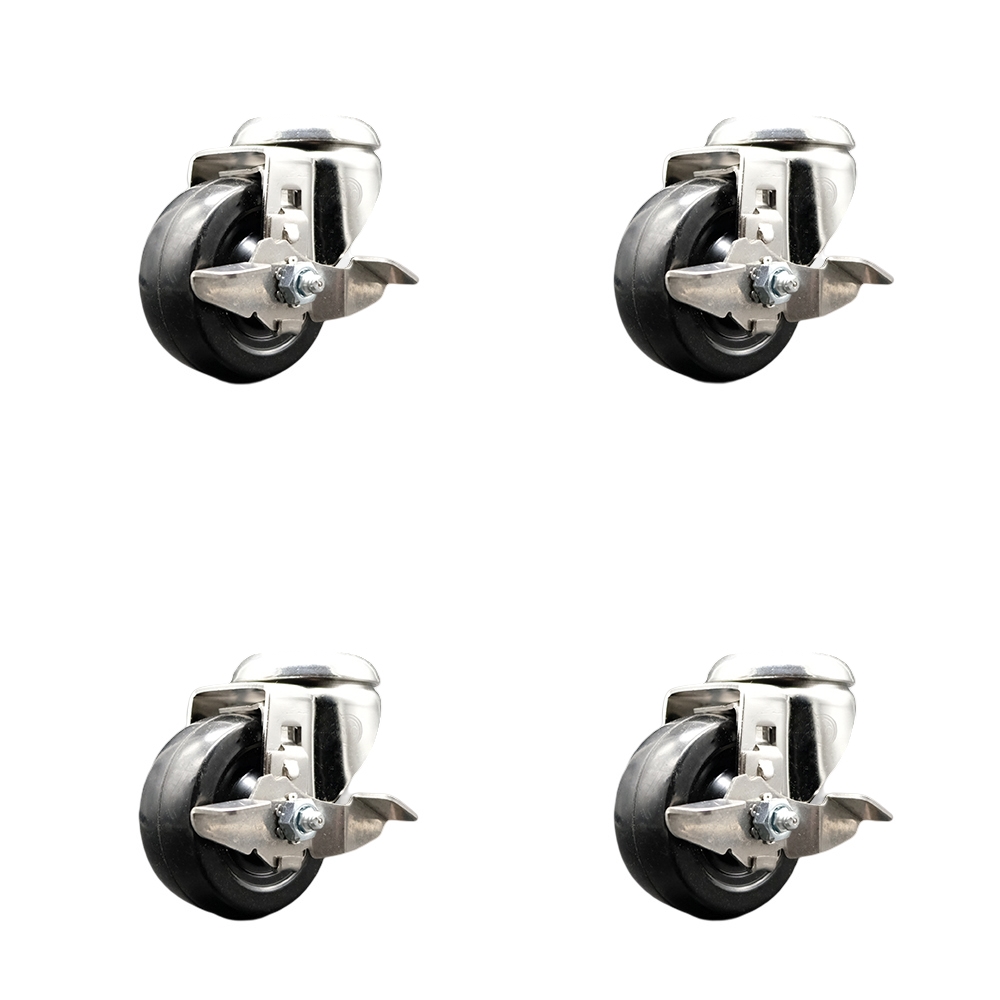 SCC-SS316BH20S314-SRS-TLB-4 Soft Rubber Swivel Bolt Hole Caster with 3 in. Black Caster Wheels - 316 Stainless Steel Casters - Set of 4